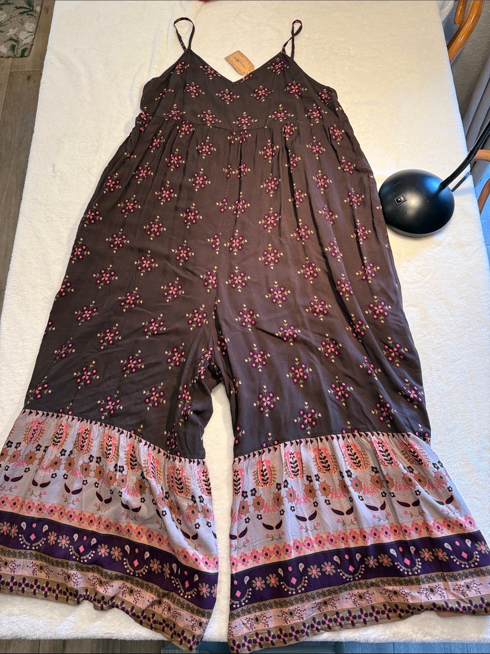 NATURAL LIFE Brown Floral Boho Wide-Leg Jumpsuit with Pink Trim